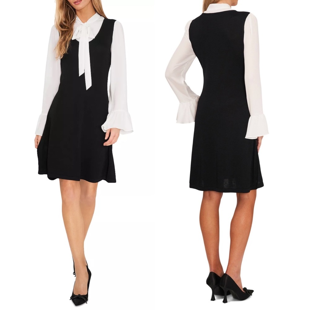 NEW CECE Black & White BOW TIE V-Neck MIXED MEDIA Chiffon SWEATER Knit DRESS M